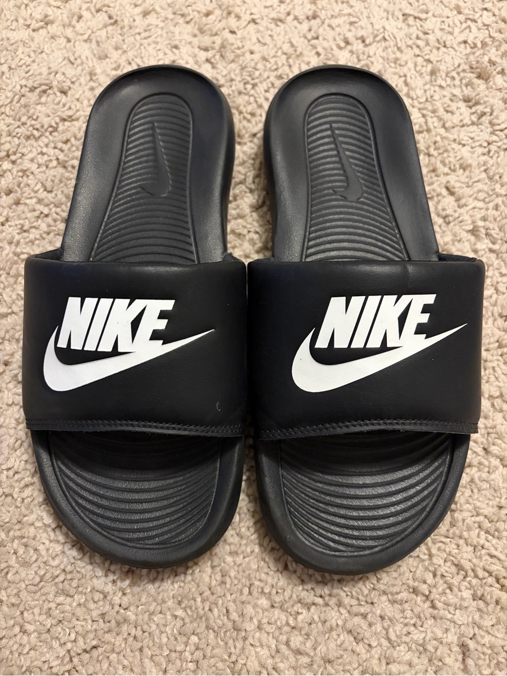 Nike Black Slide Sandals with White Logo for women size 7